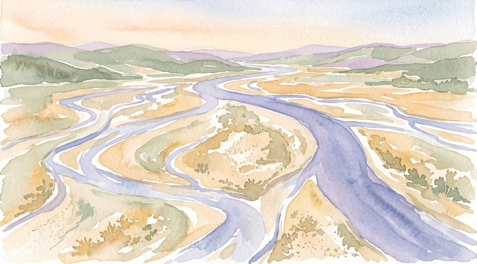Soft watercolor of branching waterways seen from above, channels diverging across pale flats, some catching light.