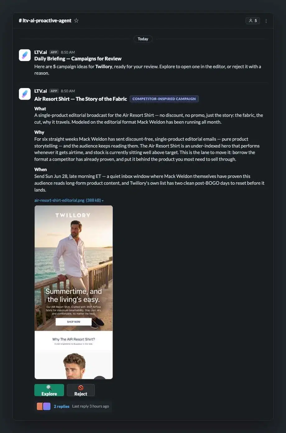 Slack recommendation — Twillory competitor-inspired campaign: Air Resort Shirt editorial