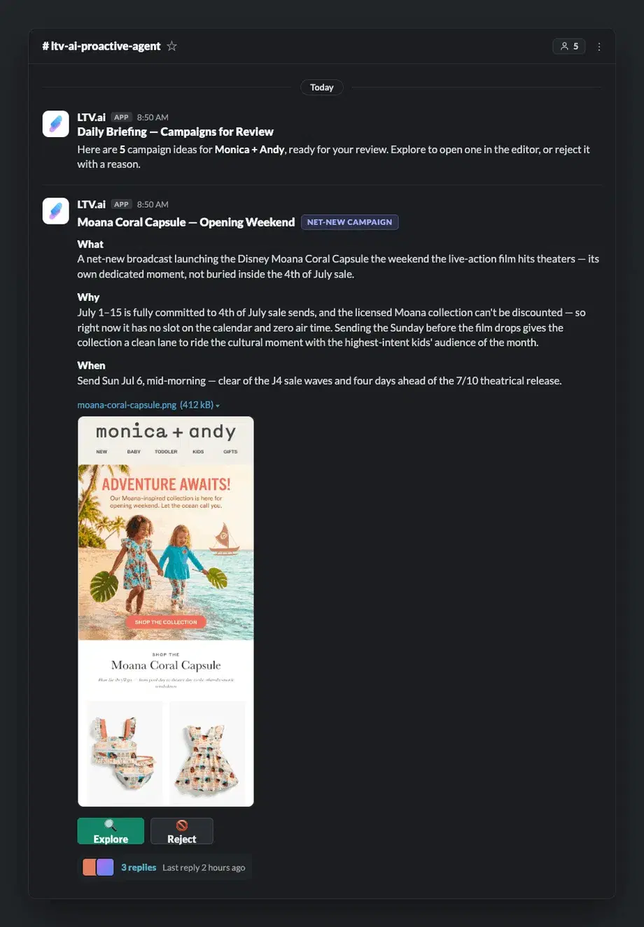Slack recommendation — Monica + Andy net-new campaign: Moana Coral Capsule opening weekend