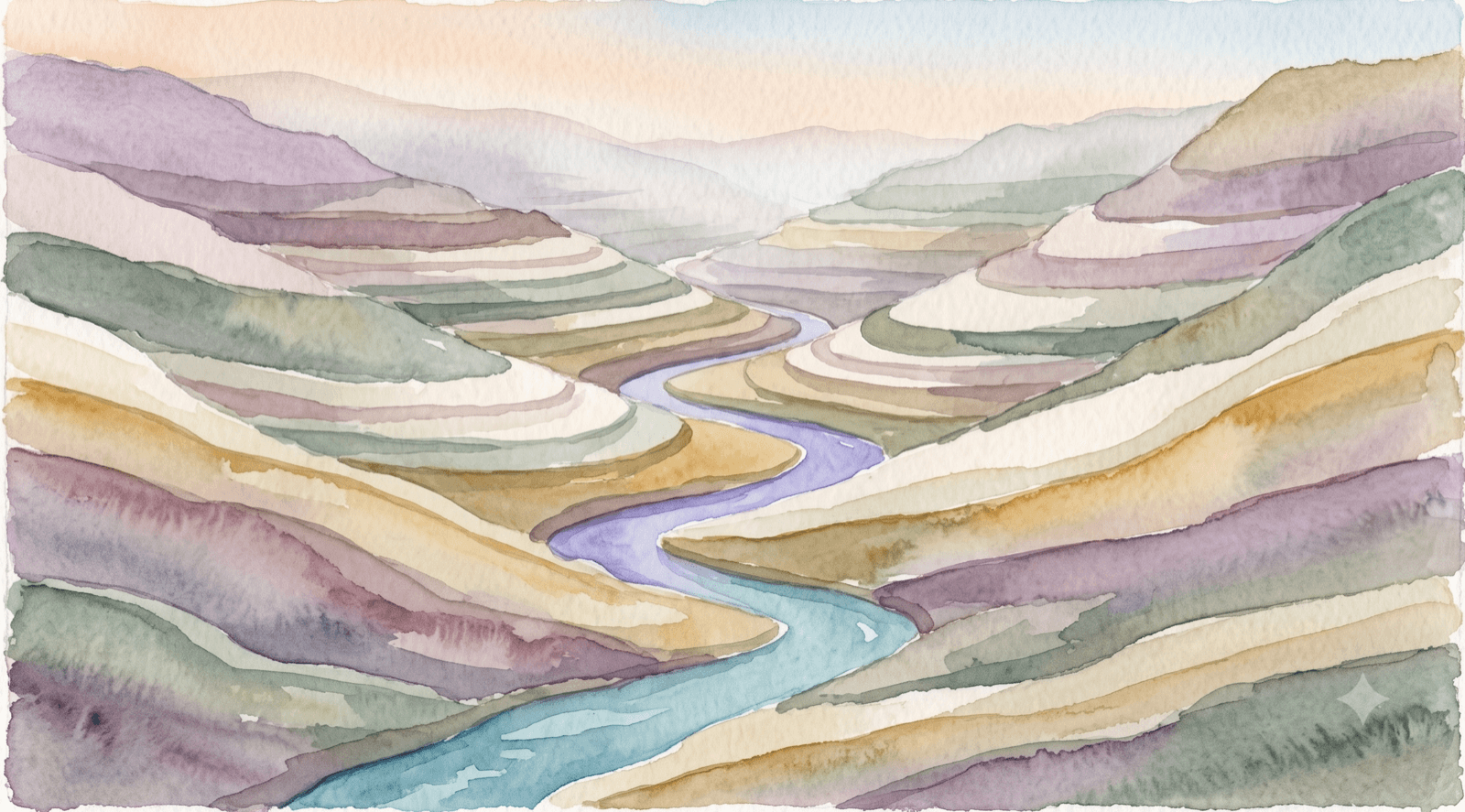Watercolor of layered hillside bands with a river threading through, representing LTV.ai's creative performance playbook.