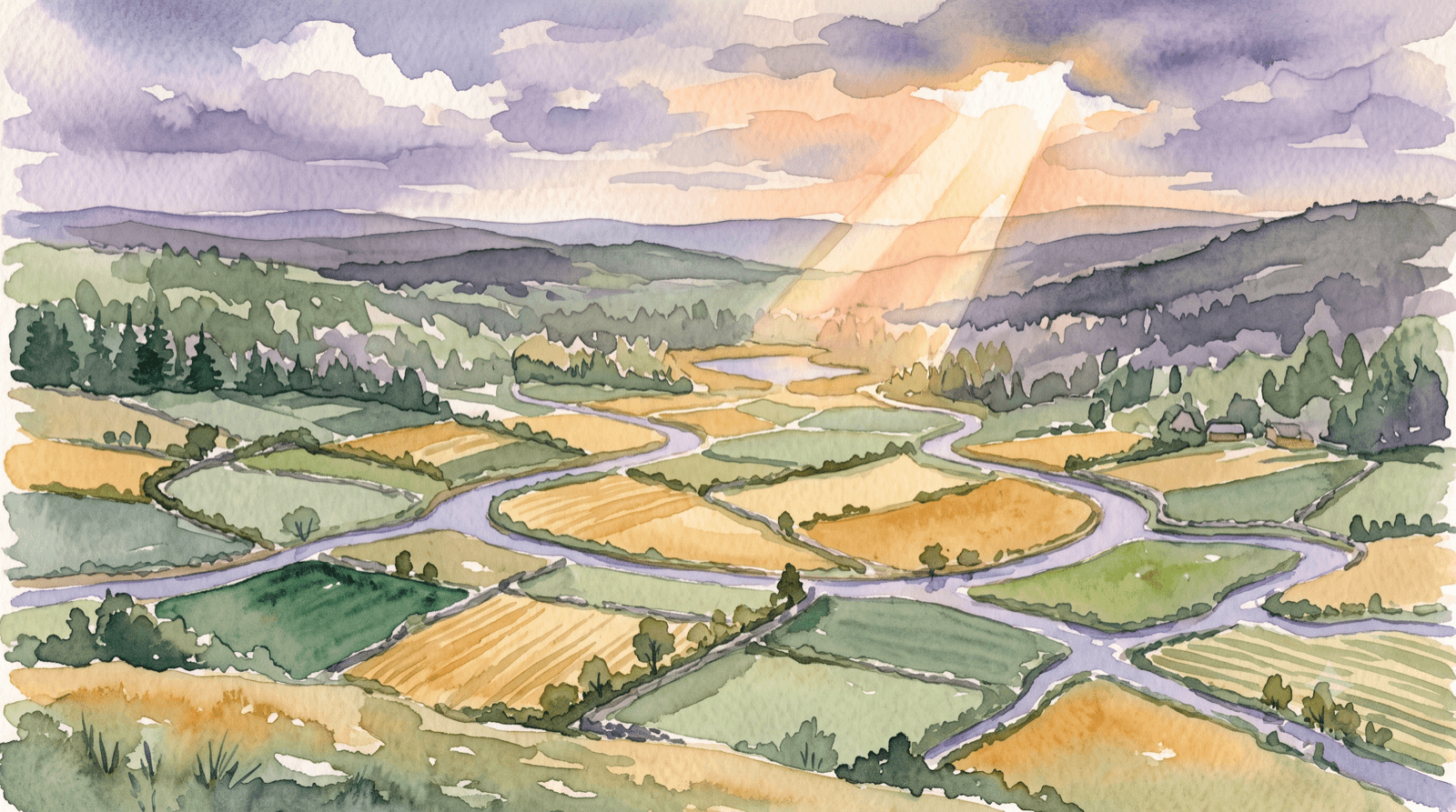 Watercolor of a patchwork of fields divided by a waterway, representing customer segmentation at LTV.ai.