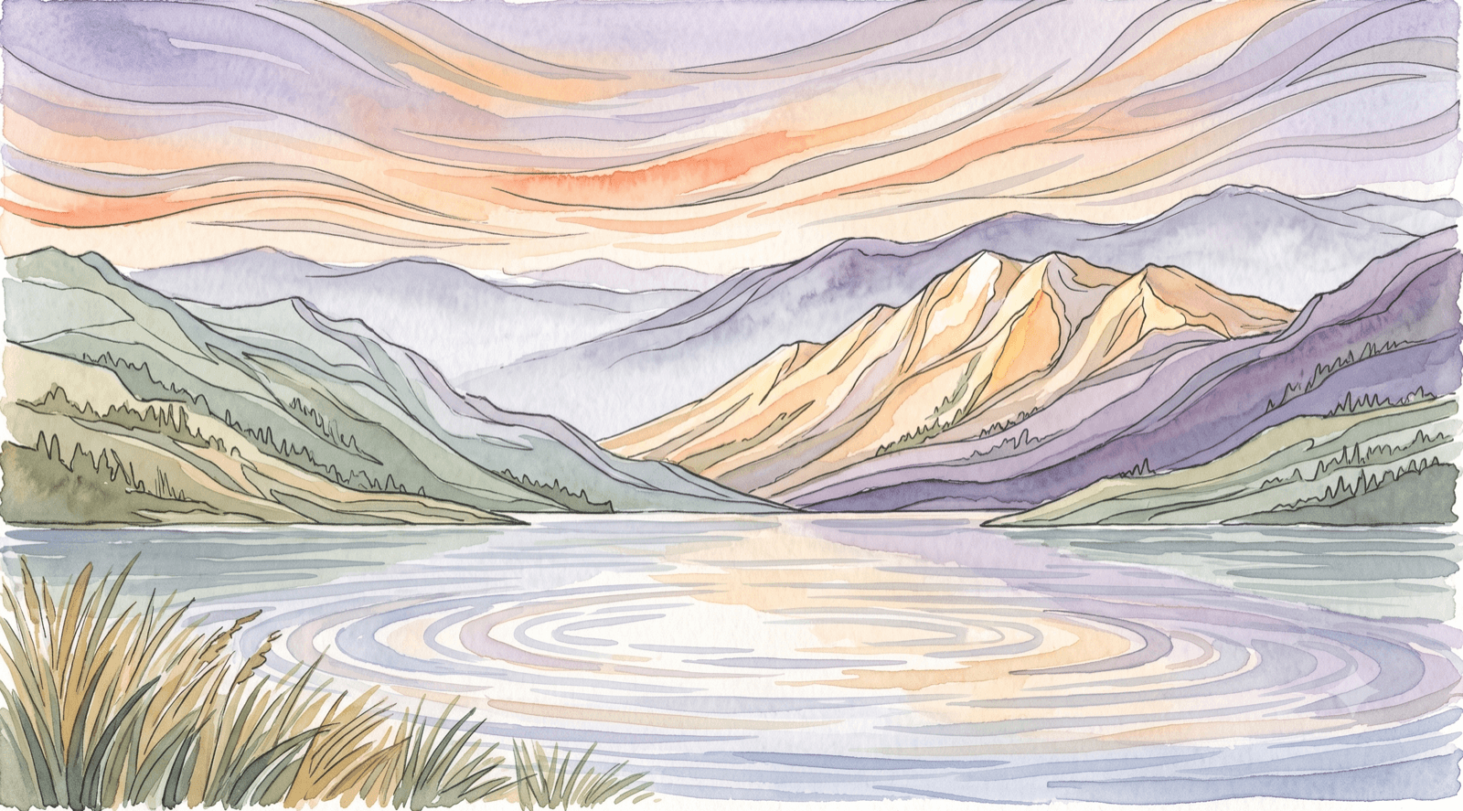 Watercolor of dawn ridgelines above a still lake, representing LTV.ai campaign revenue and margin forecasting.
