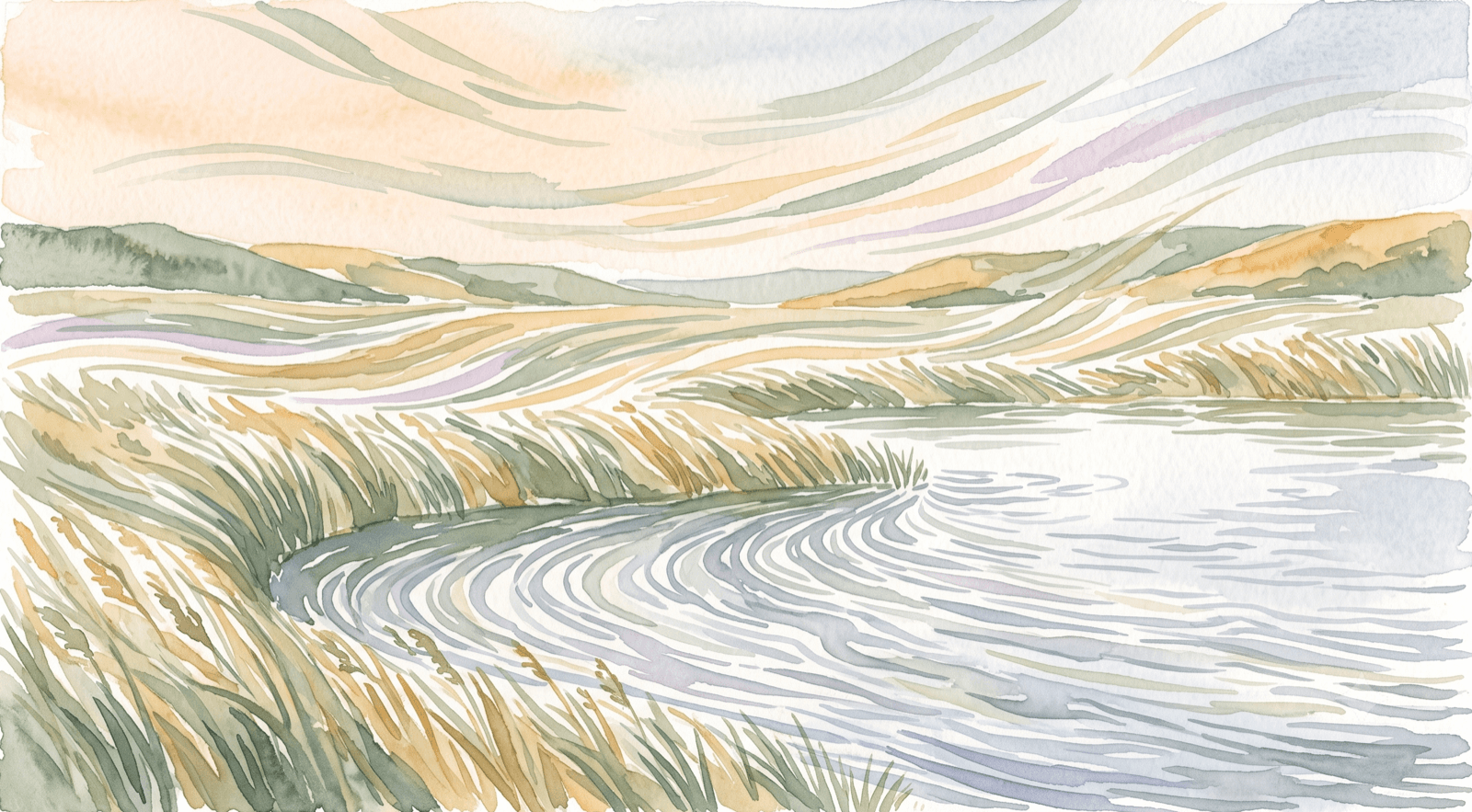 Watercolor of wind rippling across grass beside a pond, representing live subject line optimization at LTV.ai.