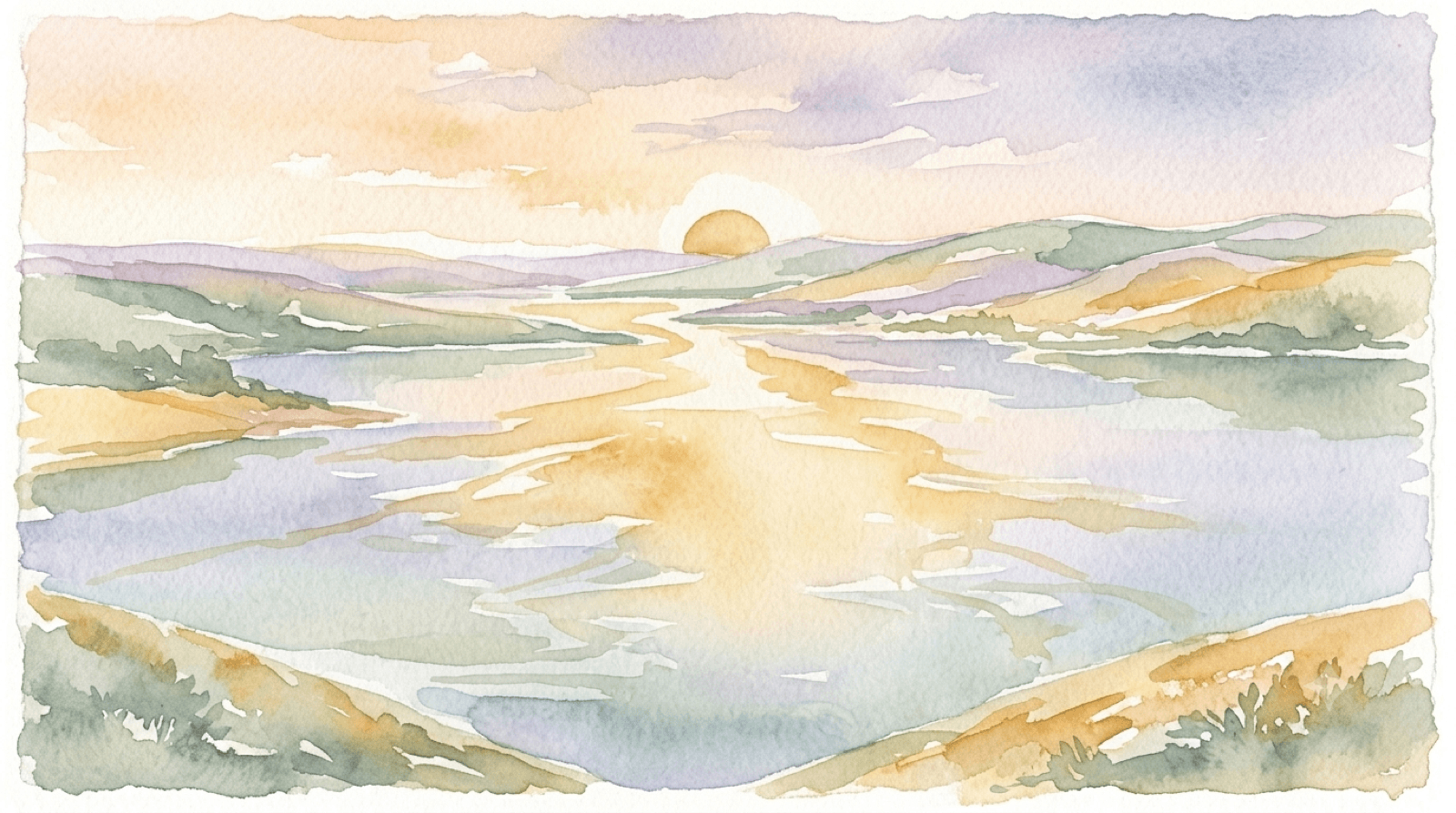 Watercolor of a lake at first light with the sun just clearing the horizon, representing how LTV.ai predicts the hour each customer reads email.