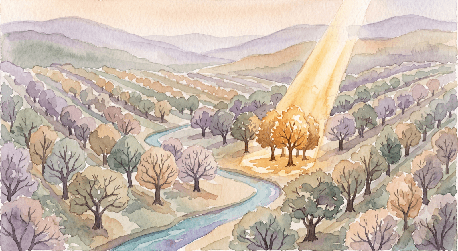 Watercolor of a varied orchard with a stream winding between rows, representing AI product recommendations at LTV.ai.
