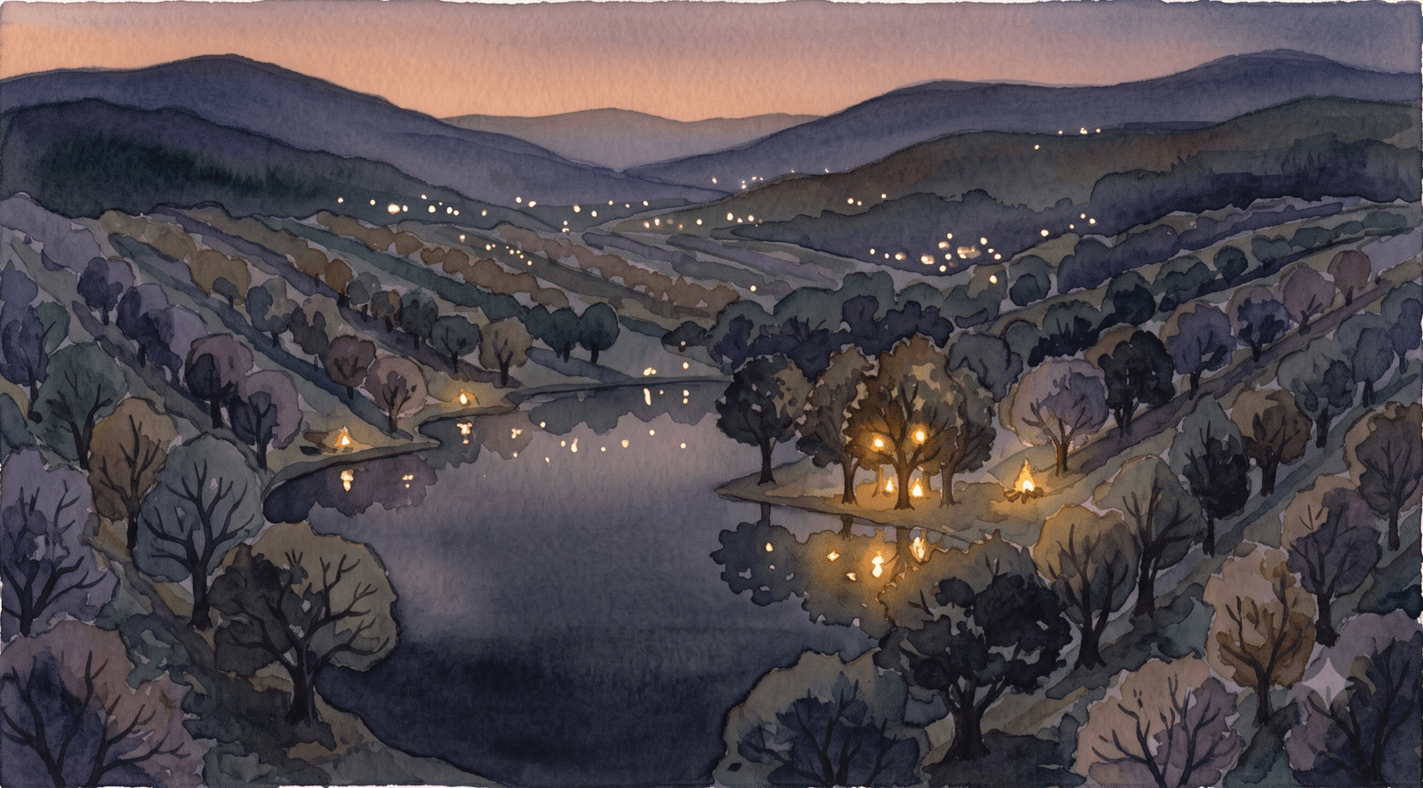 Watercolor of a still lake mirroring scattered points of light, representing LTV.ai's per-customer prediction models.