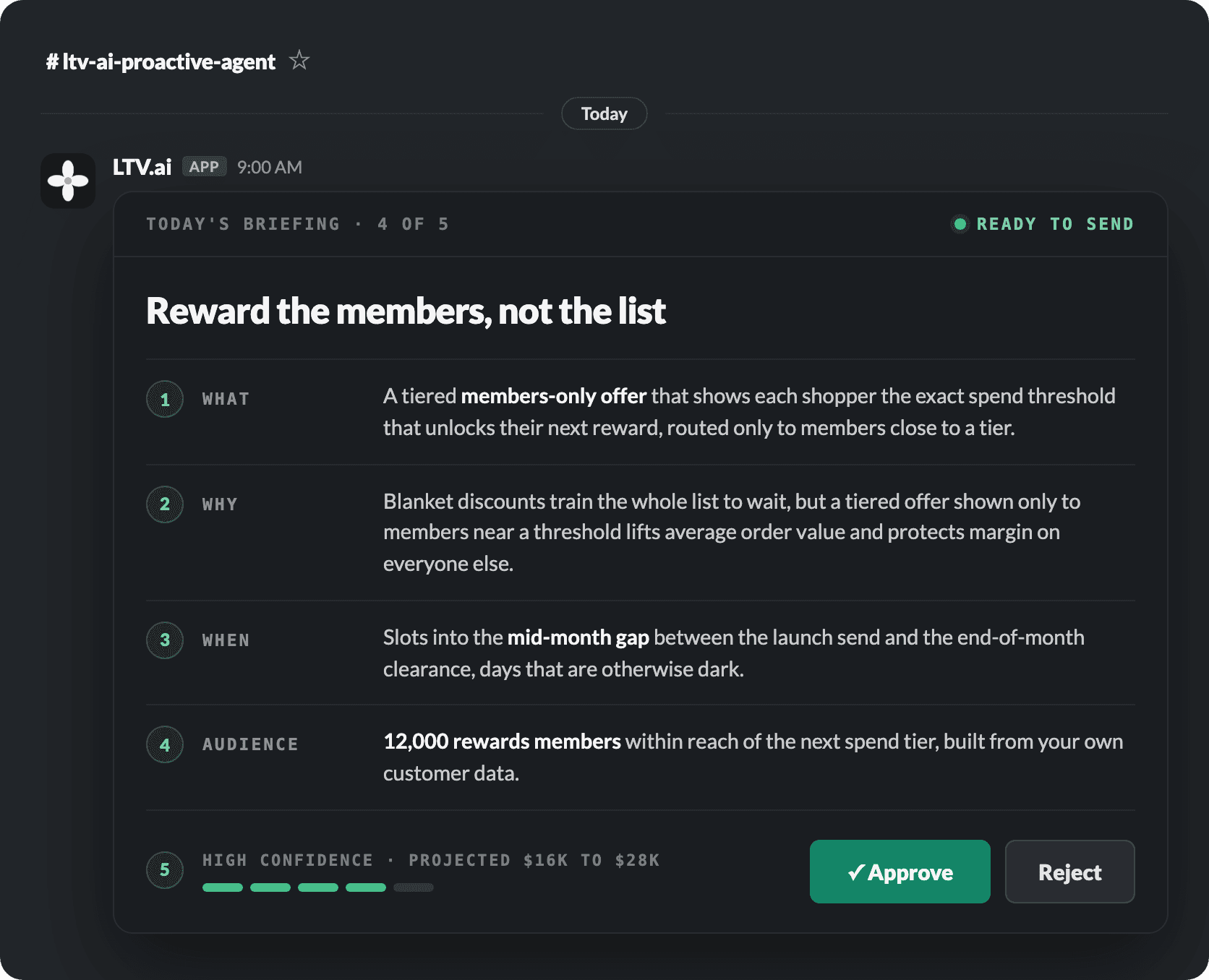 LTV.ai Slack briefing: the reasoning behind a gaming campaign recommendation
