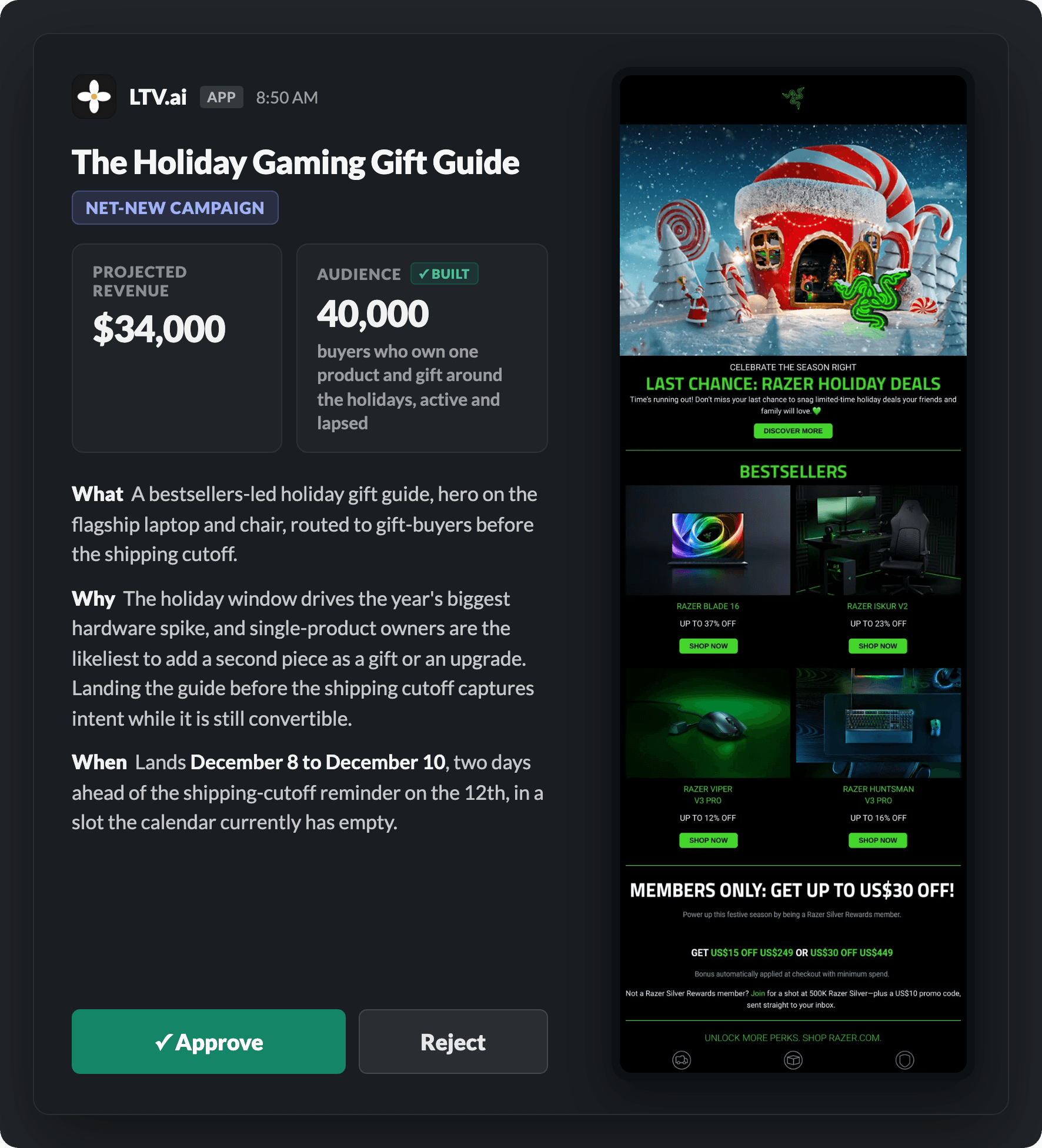 LTV.ai daily briefing in Slack: a campaign recommendation for a gaming brand, with the finished email preview