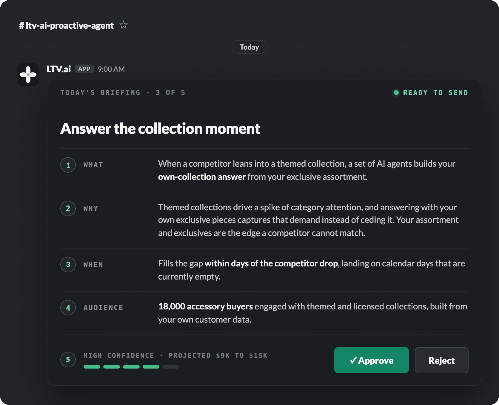 LTV.ai Slack briefing: the reasoning behind a jewelry campaign recommendation