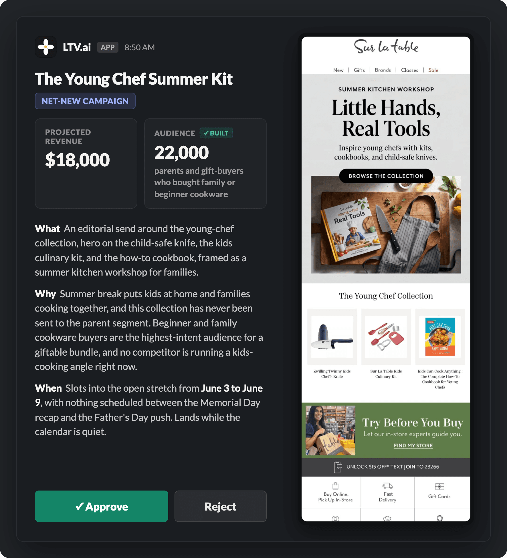 LTV.ai daily briefing in Slack: a campaign recommendation for a kitchenware brand, with the finished email preview