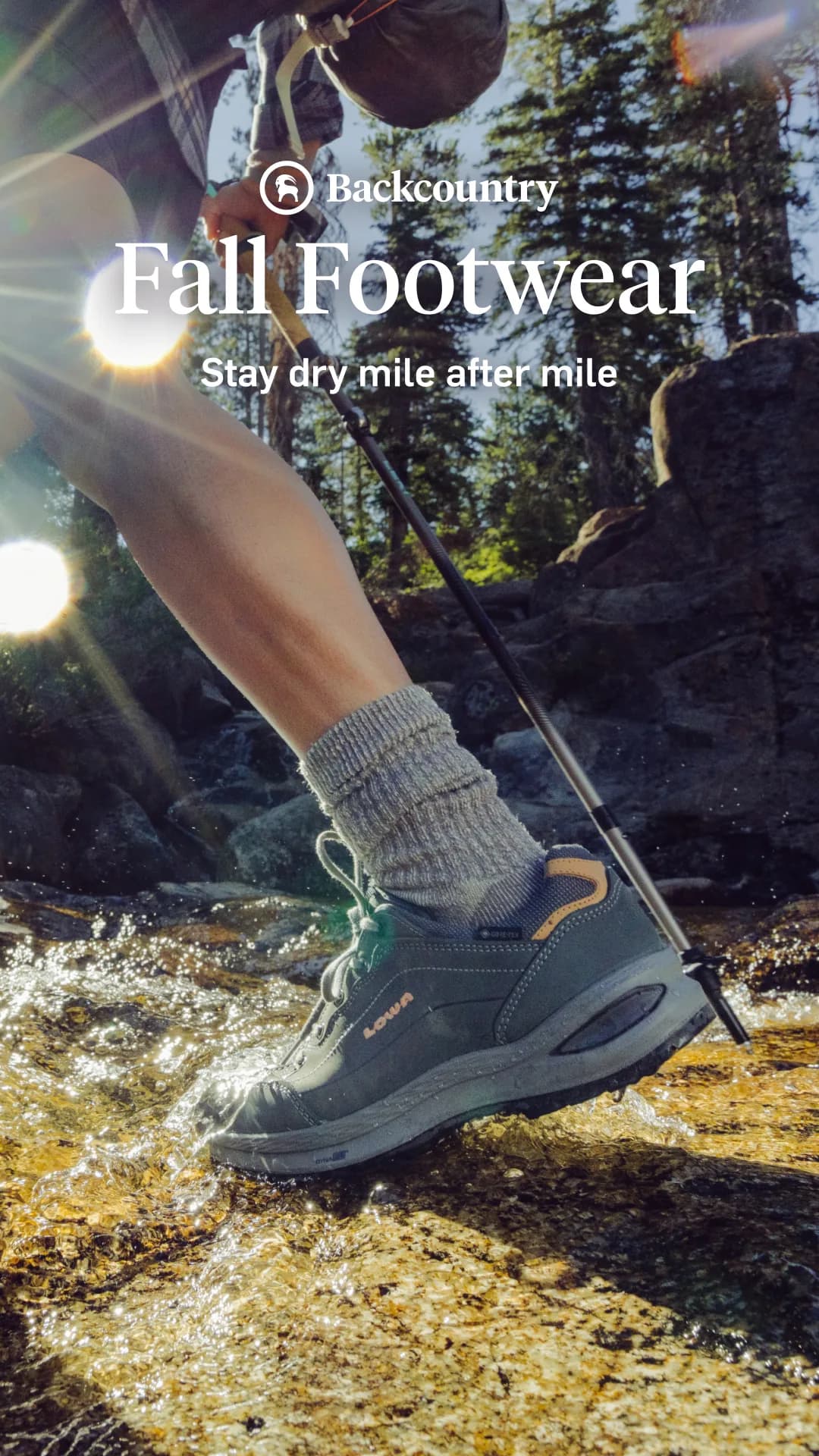 Backcountry Meta ad built by LTV.ai: a waterproof hiking shoe stepping through a mountain stream.