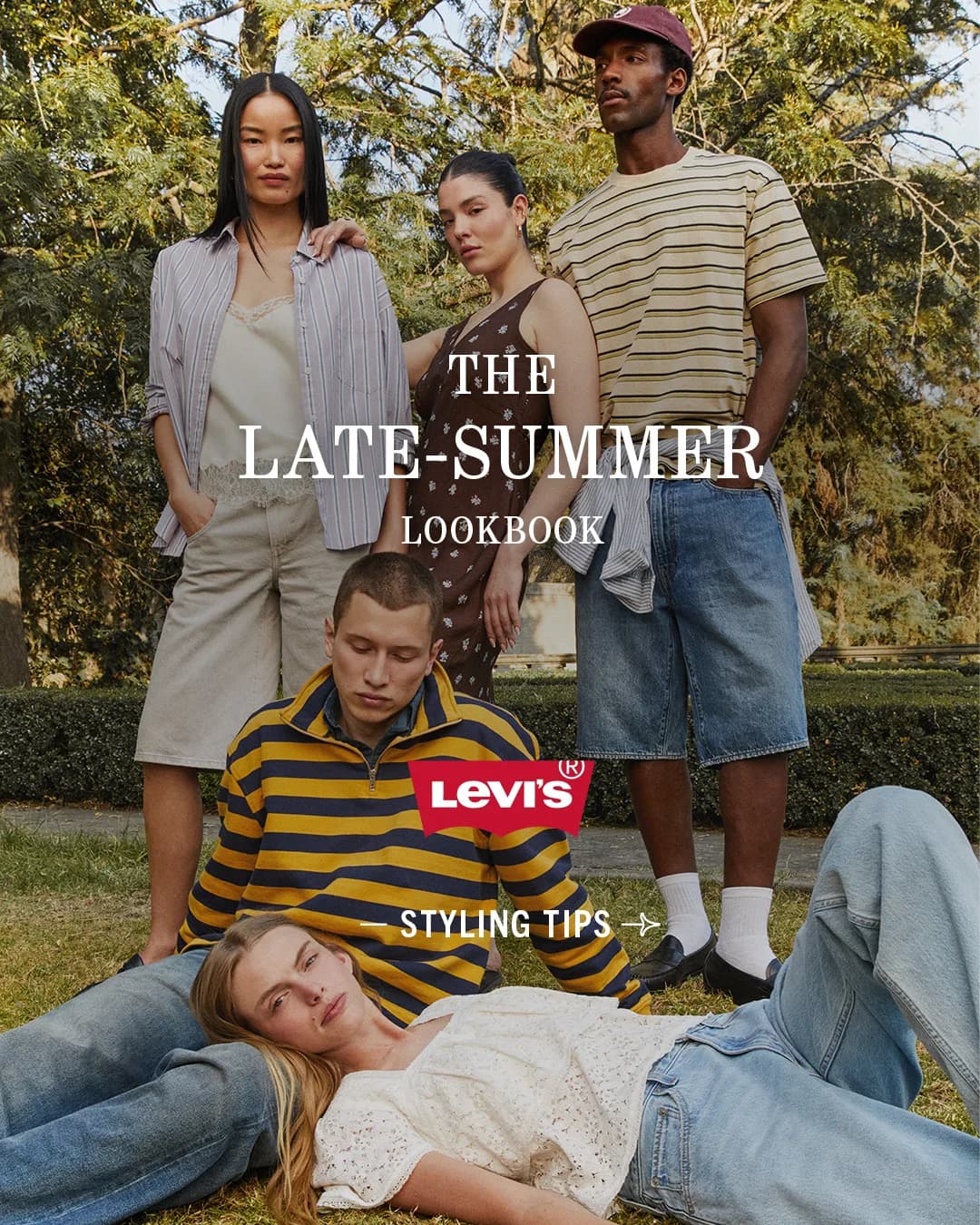 Levi's Meta ad built by LTV.ai: five friends in denim on a lawn under a Late-Summer Lookbook headline.