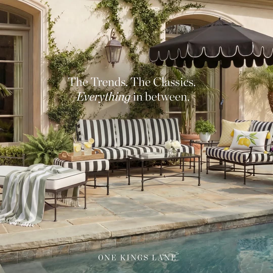 One Kings Lane Meta ad built by LTV.ai: an editorial outdoor living scene with striped poolside furniture.