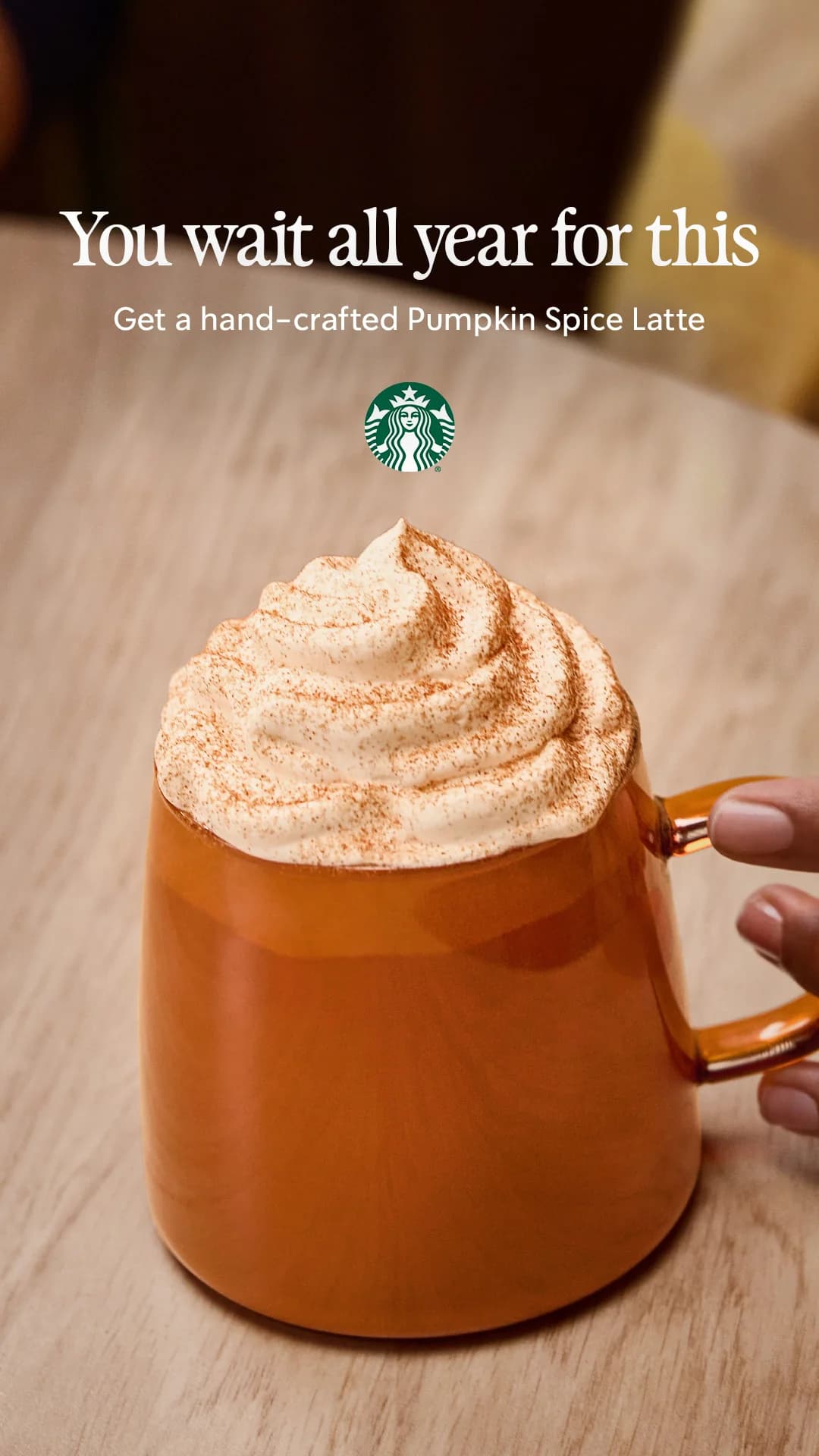 Starbucks Meta ad built by LTV.ai: a Pumpkin Spice Latte under a You wait all year for this headline.