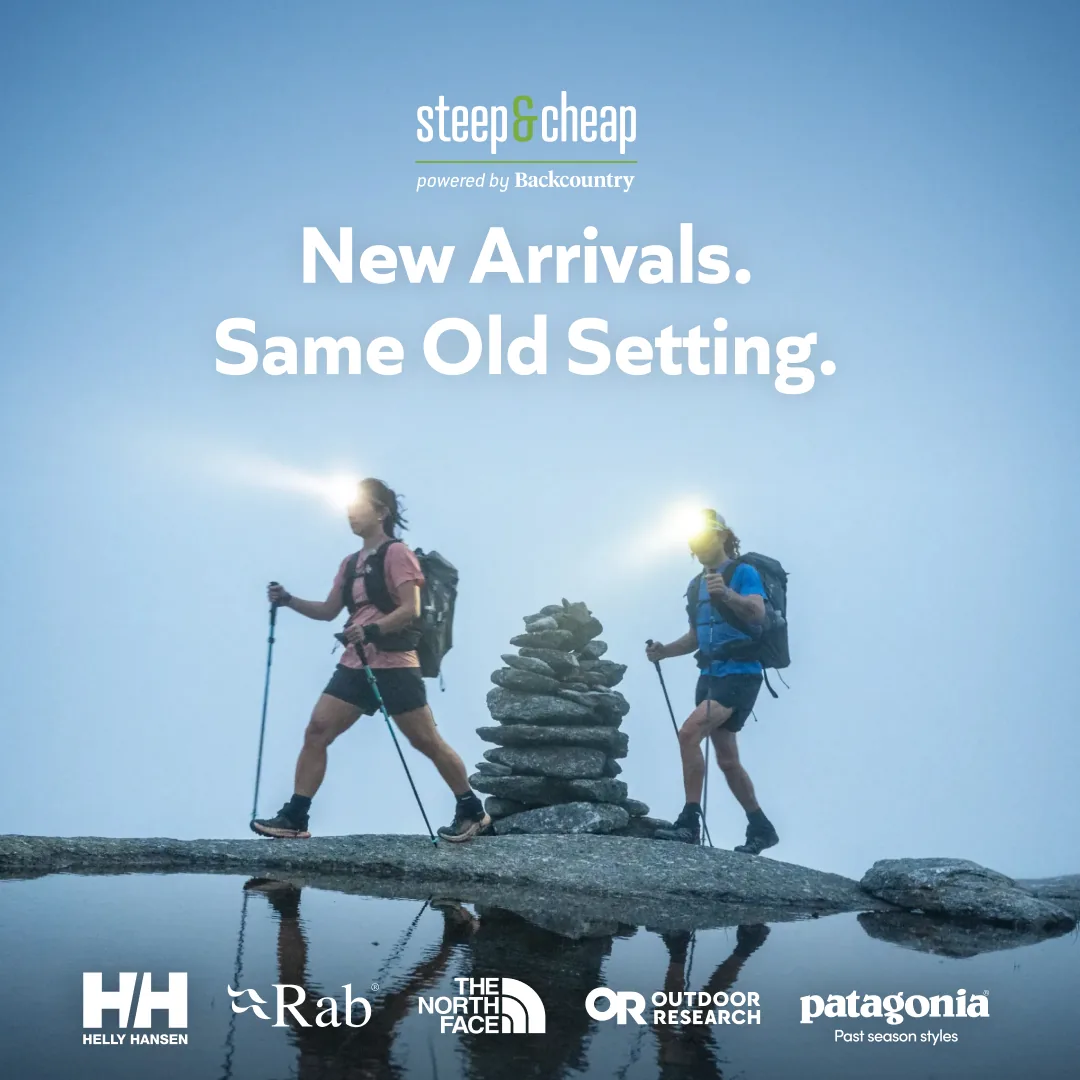 Steep & Cheap Meta ad built by LTV.ai: two hikers at dawn beside a cairn, above past-season outdoor brand logos.
