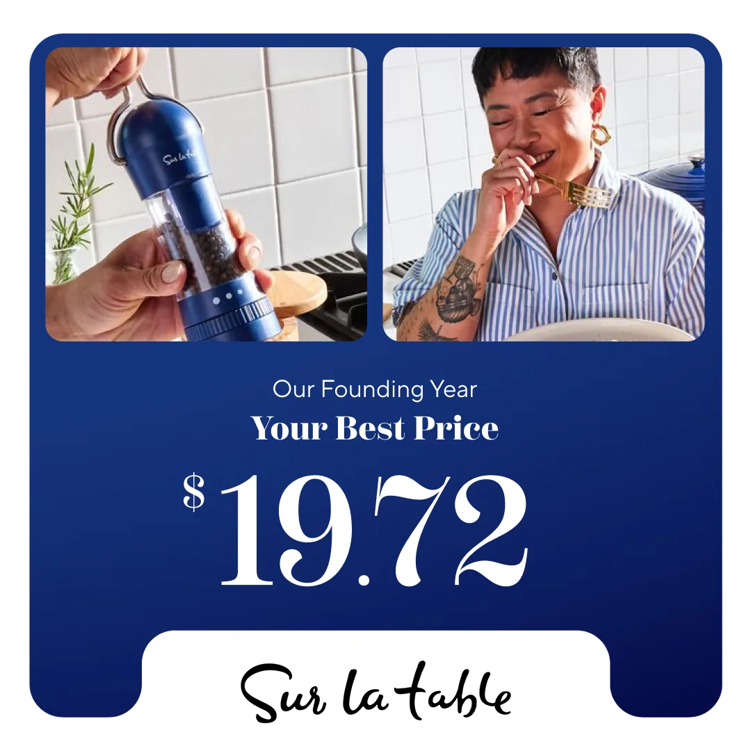 Sur La Table Meta ad built by LTV.ai: a blue pepper mill at a founding-year price of $19.72.