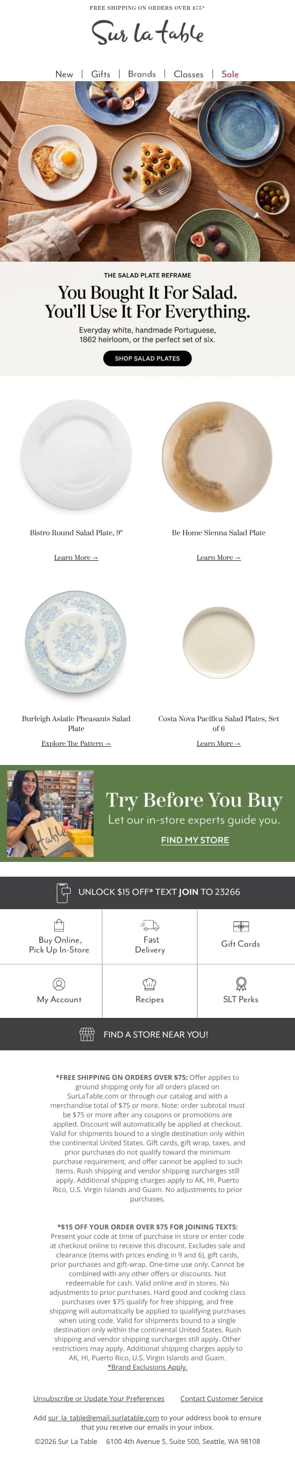Sur La Table email: You Bought It For Salad, You'll Use It For Everything, featuring four salad plate styles.
