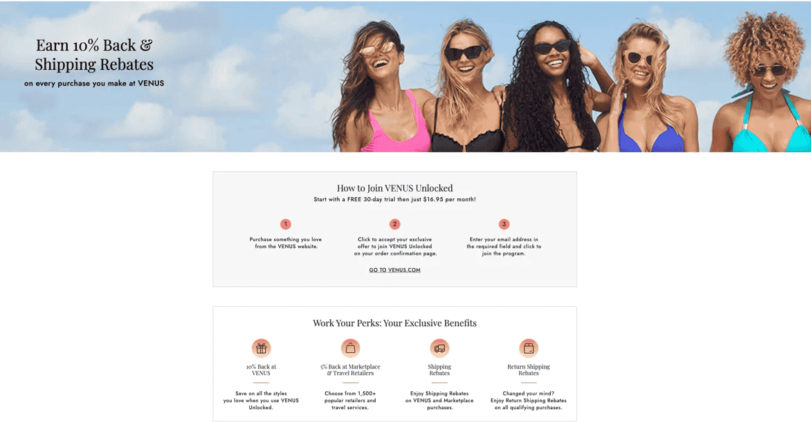Venus Unlocked monthly membership example providing automatic cashback and exclusive savings for subscribers