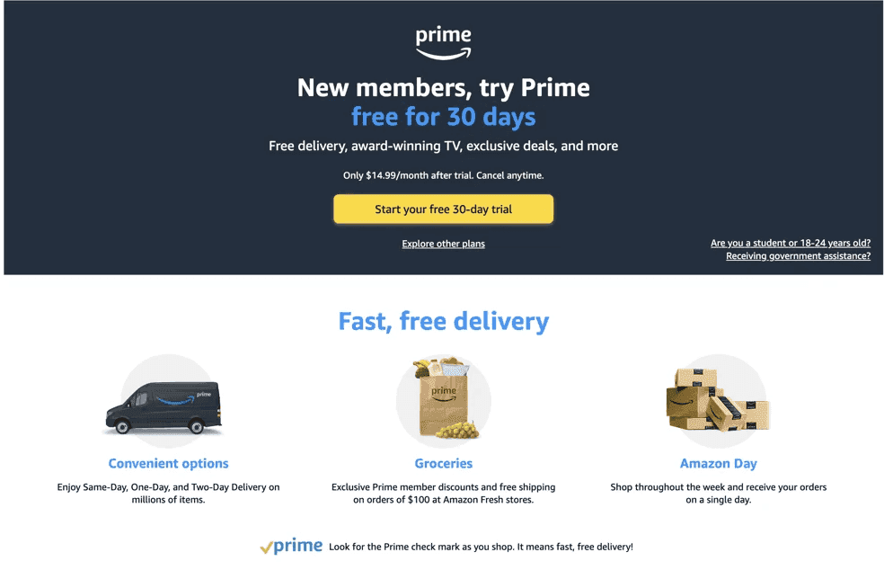 Amazon Prime paid membership example providing a broad range of shipping and streaming benefits