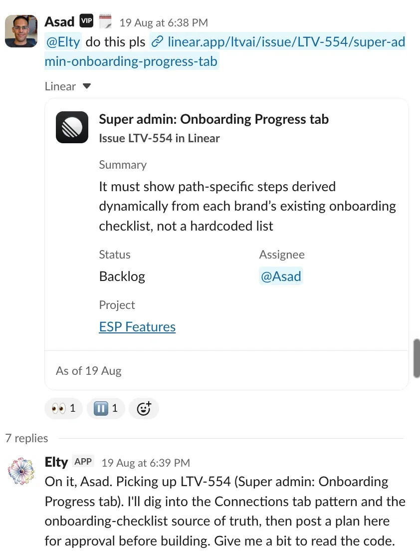 Slack screenshot of a non-engineer at LTV.ai assigning a Linear issue to the Elty AI agent with the note 'do this pls', and Elty replying that it will read the code and post a plan in the thread for approval before building.