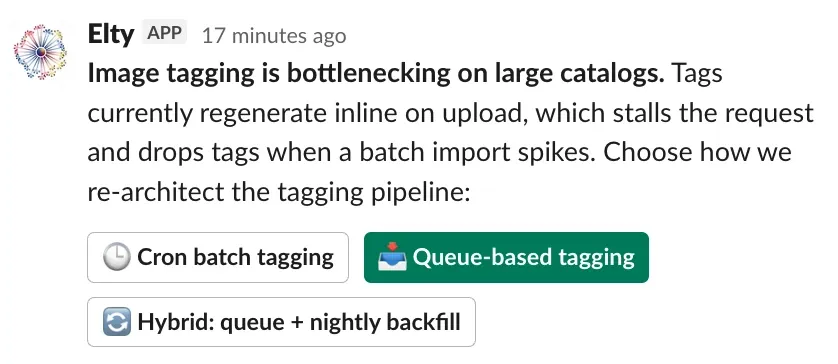 Slack message from LTV.ai's Elty AI agent proposing three ways to re-architect an image tagging pipeline (cron batch tagging, queue-based tagging, or a hybrid queue plus nightly backfill) as clickable buttons so a person can approve the decision from the thread.