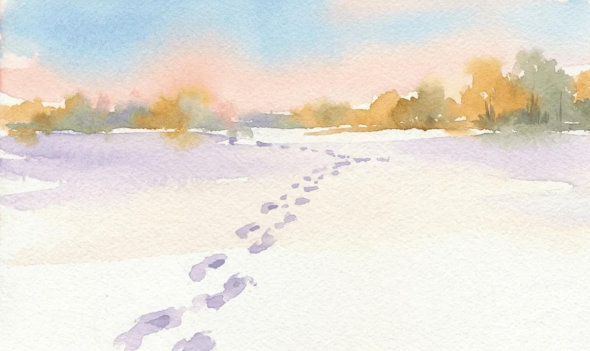 Watercolor footprints in snow stopping partway across a white field