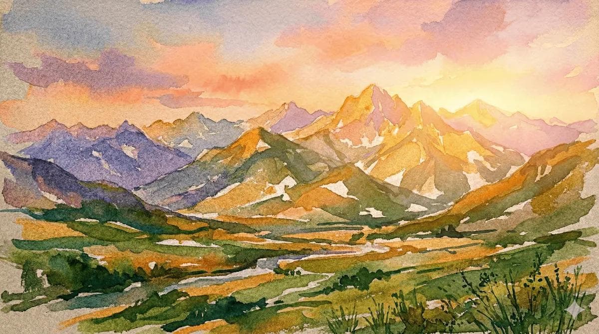 Watercolor mountain range with peaks of varying heights in soft colors