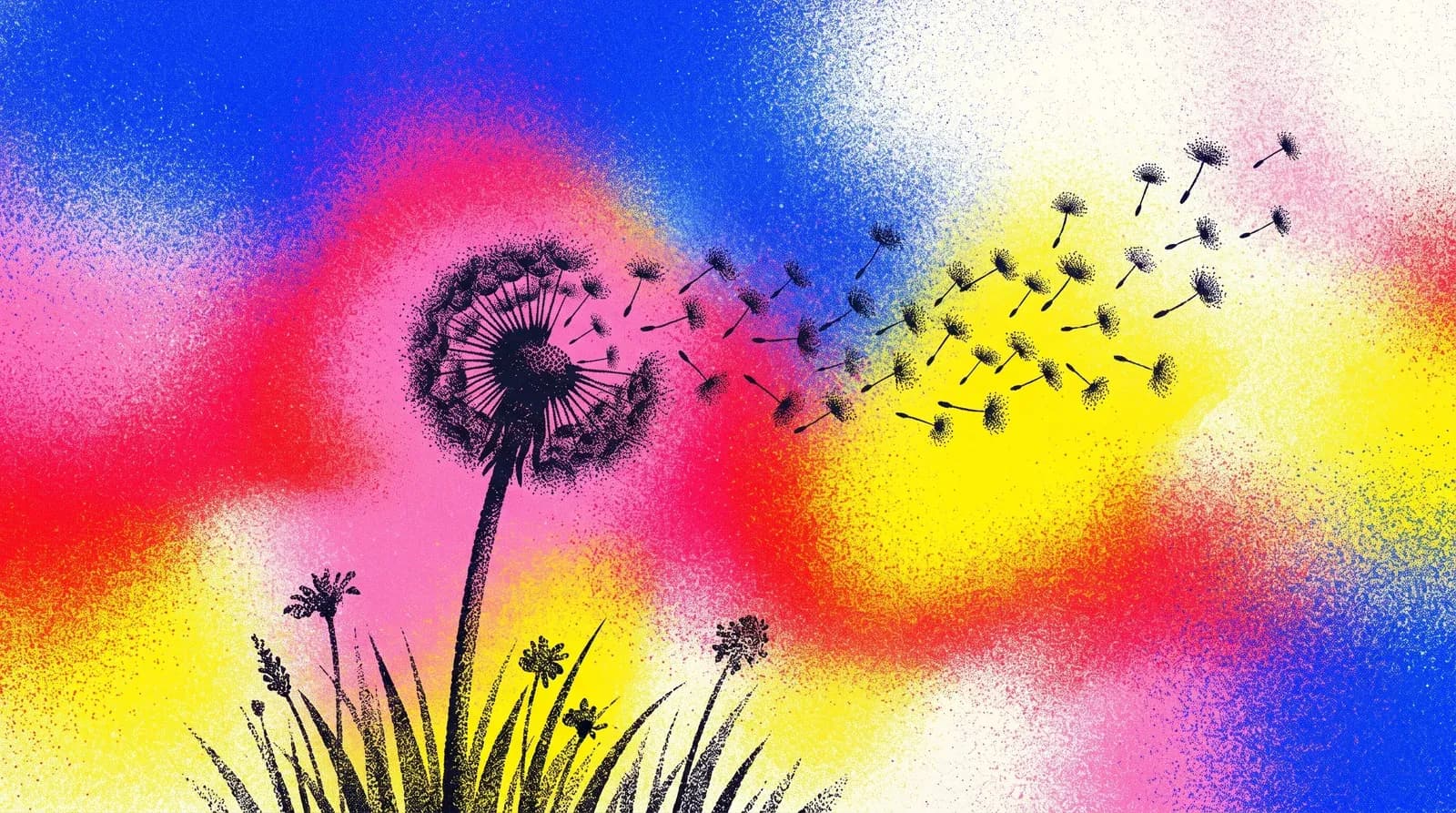 Grainy stippled illustration of a single dandelion releasing seeds that drift across an open field, representing how one request travels from a Slack thread to a merged pull request.
