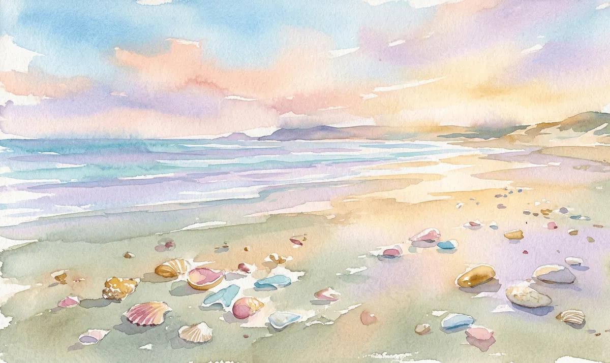 Watercolor beach at low tide with scattered shells and sea glass in warm light