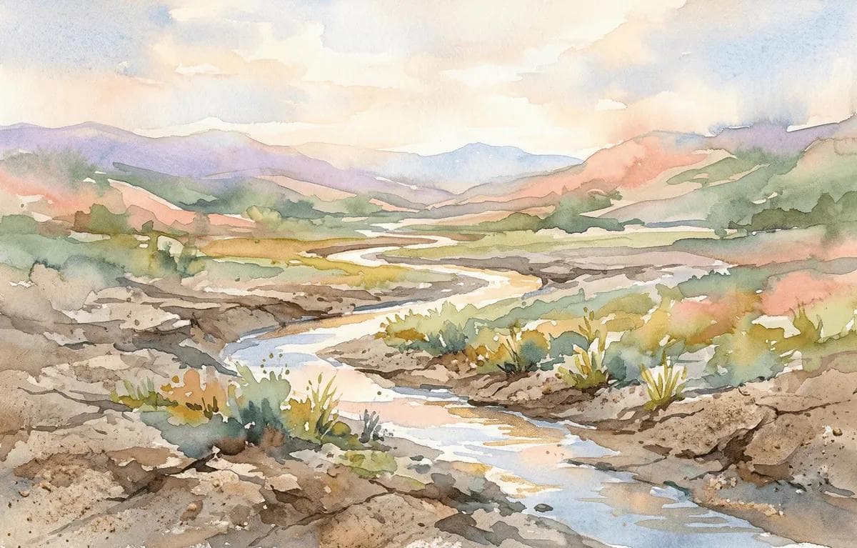 Watercolor dried riverbed filling with water again as green shoots emerge