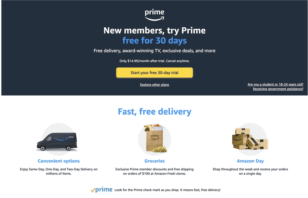 Amazon Prime paid membership example providing a broad range of shipping and streaming benefits